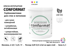 VINCENT CONFORMAT / ВИНСЕНТ КОНФОРМАТ краска интерьерная антибликовая износостойкая глубокоматовая, база А, 0,9л
