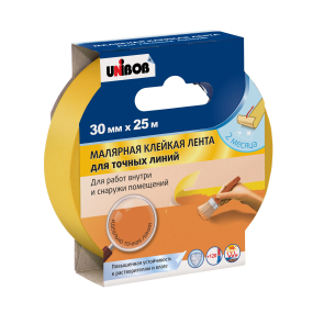 UNIBOB лента малярная профессиональная, для точных линий, washi-tape, желтый шир. 3 см, длин. 25 м