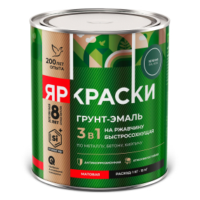 ЯРКРАСКИ грунт-эмаль на ржавчину 3 в 1 быстросохнущая, матовая, зеленый RAL 6005, 0,8 кг