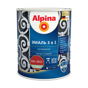 ALPINA Эмаль алкидно-уретановая по ржавчине 3 в 1, RAL 3011 красно-коричневый (0,75л)