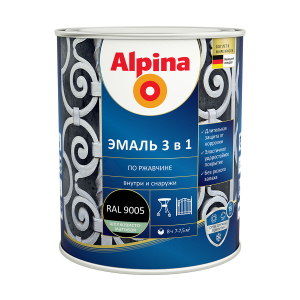 ALPINA Эмаль алкидно-уретановая по ржавчине 3 в 1, RAL 9005 черный (0,75л)