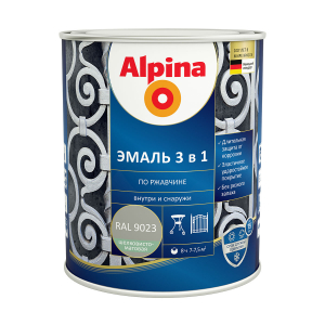 ALPINA Эмаль алкидно-уретановая по ржавчине 3 в 1, RAL 9023 перламутровый темно-серый (0,75л)