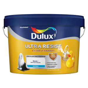 DULUX ULTRA RESIST КУХНЯ И ВАННАЯ краска с защитой от плесени и грибка, матовая, база BW (2,5л)