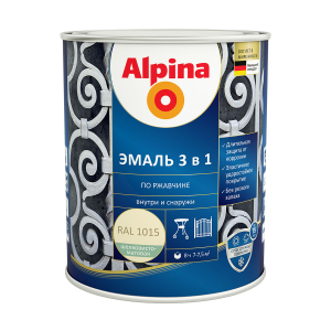 ALPINA Эмаль алкидно-уретановая по ржавчине 3 в 1, RAL 1015 слоновая кость (0,75л)