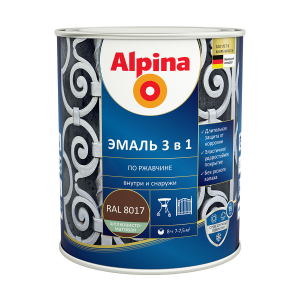 ALPINA Эмаль алкидно-уретановая по ржавчине 3 в 1, RAL 8017 шоколадный (0,75л)