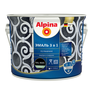 ALPINA Эмаль алкидно-уретановая по ржавчине 3 в 1, RAL 9005 черный (2,5л)